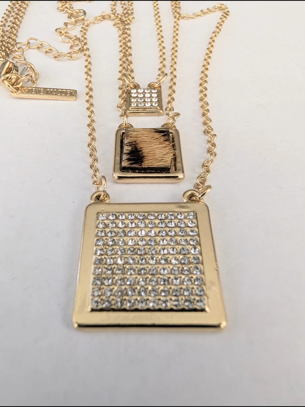 Steve Madden gold layered long necklace with square pendants #layered #statement